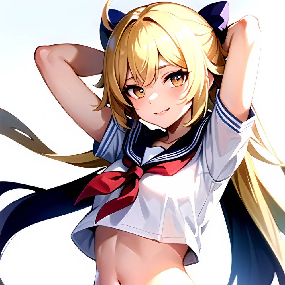 1girl Arms Up Arms Behind Head Blonde Hair Blue Skirt Bow Crop Top Crop Top Overhang Genshin Impact Gradient Background, 2584086199 - AIHentai - #main