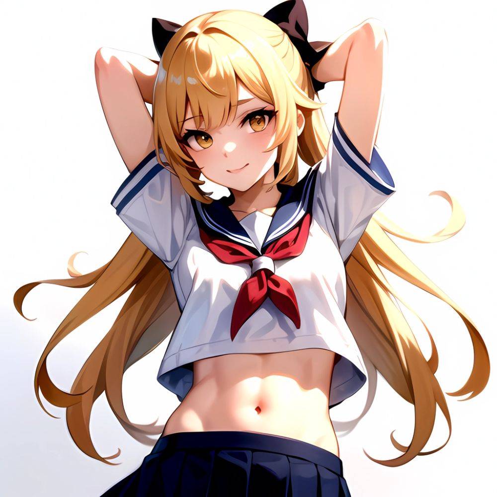 1girl Arms Up Arms Behind Head Blonde Hair Blue Skirt Bow Crop Top Crop Top Overhang Genshin Impact Gradient Background, 1131979408 - AIHentai - #main