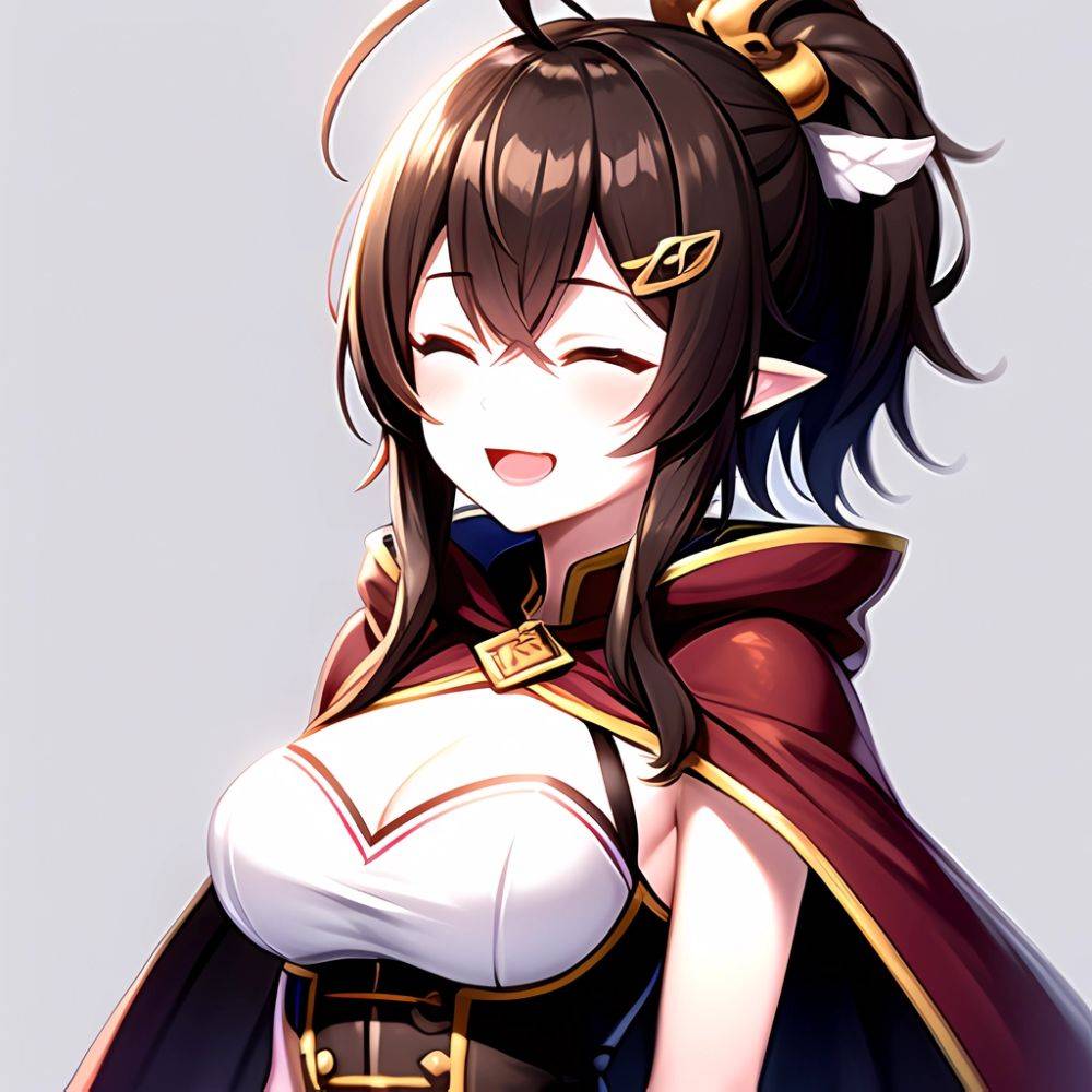 1girl D Ahoge Blush Brown Capelet Brown Cloak Brown Hair Capelet Cleavage Cutout Cloak Closed Eyes Clothing Cutout Crossed Bangs, 1008102966 - AIHentai - #main