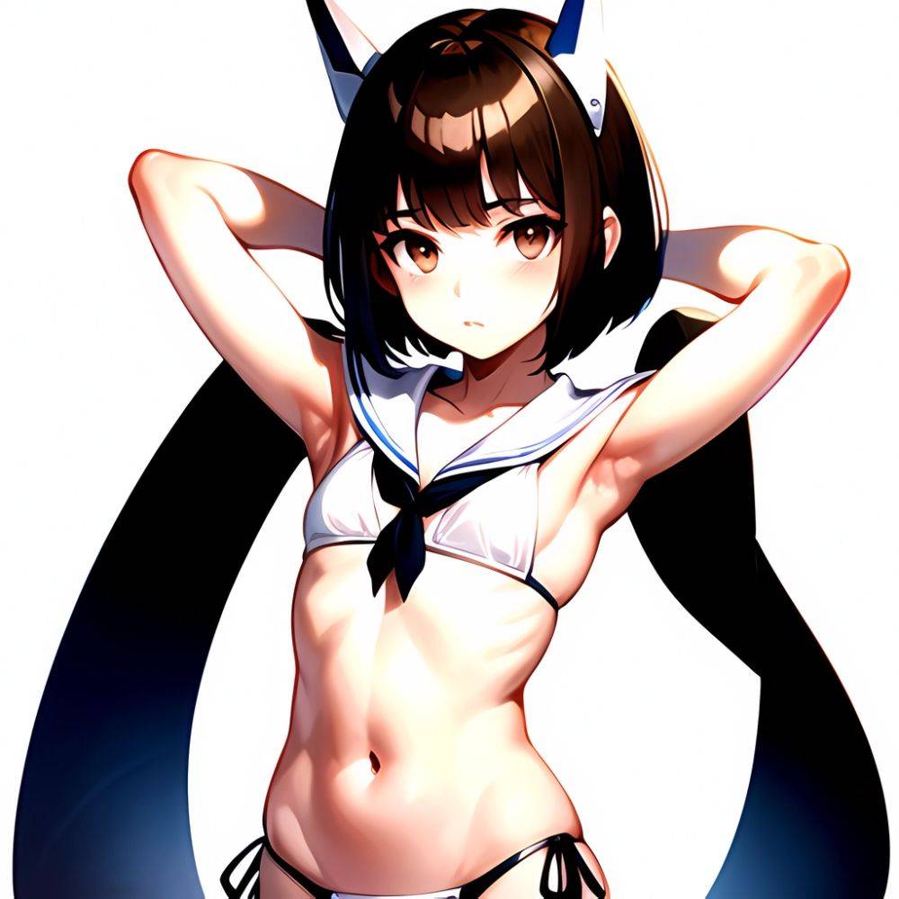 1girl Arms Up Arms Behind Head Bikini Bob Cut Brown Eyes Brown Hair Cosplay Cowboy Shot Flat Chest Headgear Inverted, 342288987 - AIHentai - #main