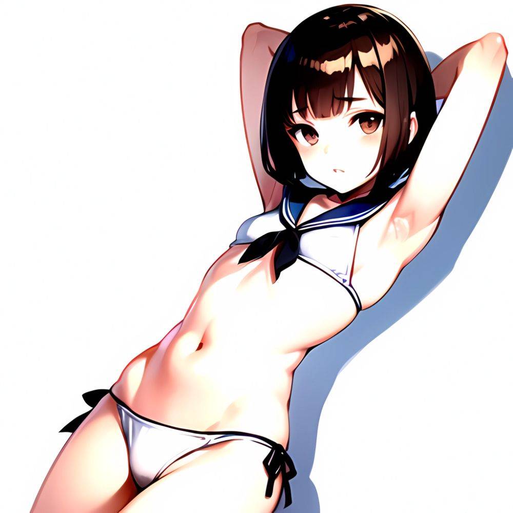 1girl Arms Up Arms Behind Head Bikini Bob Cut Brown Eyes Brown Hair Cosplay Cowboy Shot Flat Chest Headgear Inverted, 1765984033 - AIHentai - #main