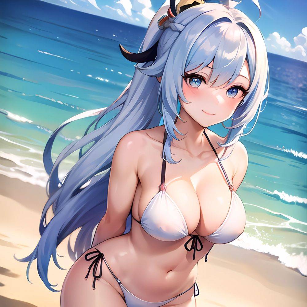 1girl Absurdres Bare Shoulders Beach Bikini Blue Eyes Blue Sky Blush Braid Braided Ponytail Breasts Cleavage Collarbone Genshin, 1236781518 - AIHentai - #main