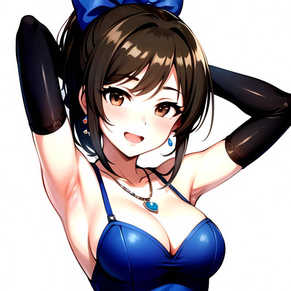 1girl Absurdres Armpits Arms Up Ayase Honoka Black Gloves Blue Bow Blue Dress Blush Bow Breasts Brown Eyes Brown Hair, 880670583 - AIHentai - #main