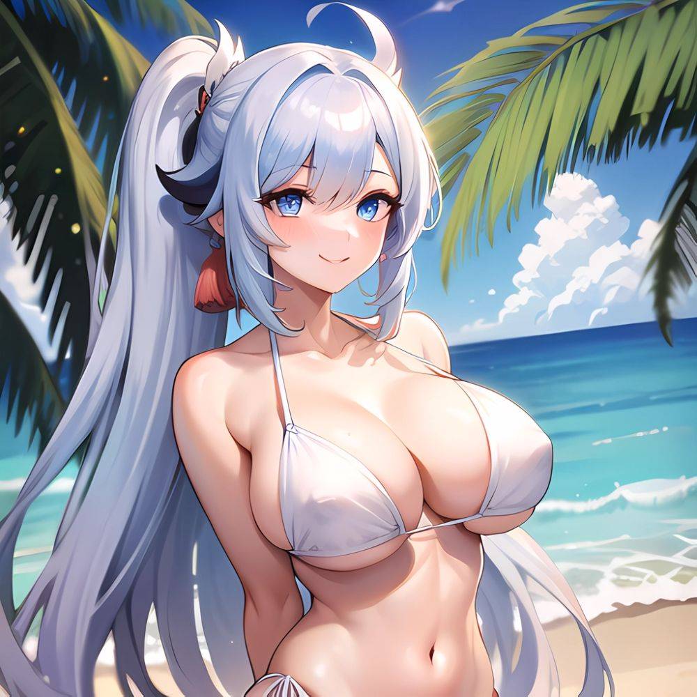 1girl Absurdres Bare Shoulders Beach Bikini Blue Eyes Blue Sky Blush Braid Braided Ponytail Breasts Cleavage Collarbone Genshin, 162157703 - AIHentai - #main