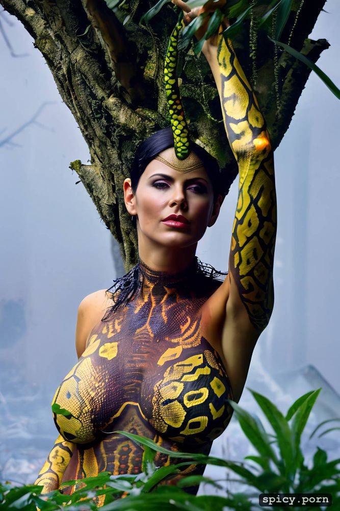 red orange dark green bodypaint, portrait, reptilian bodypaint - #main