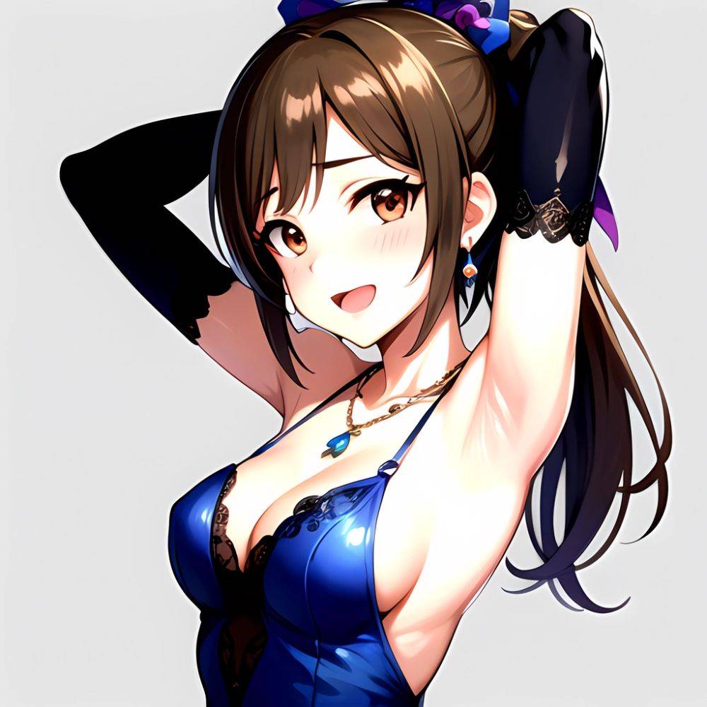 1girl Absurdres Armpits Arms Up Ayase Honoka Black Gloves Blue Bow Blue Dress Blush Bow Breasts Brown Eyes Brown Hair, 3981366491 - AIHentai - #main