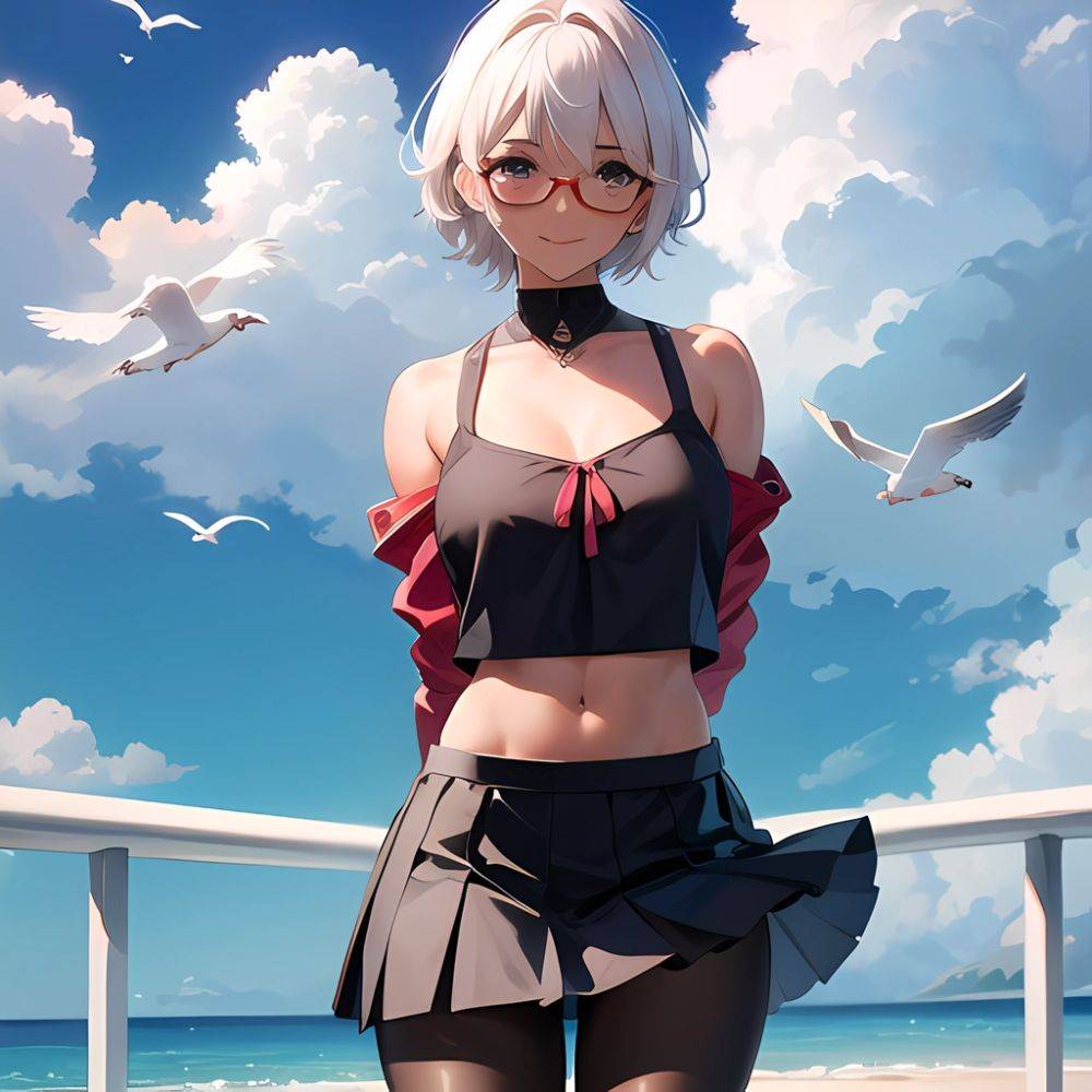 1girl Aircraft Bird Breasts Cloud Cloudy Sky Cowboy Shot Curtsey Dark Skinned Female Dark Skin Day Flashing Glasses Looking At, 764982064 - AIHentai - #main