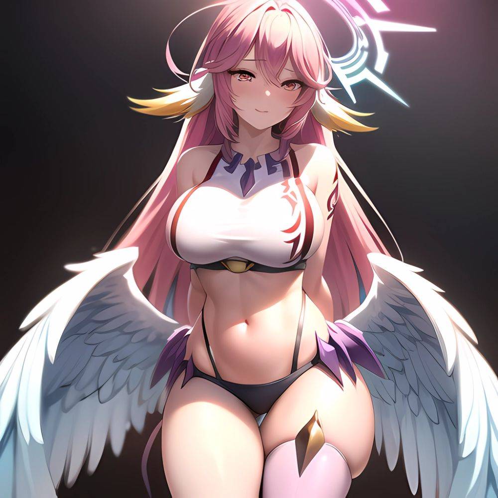 Jibril Anime Absurdres Long Hair Pink Hair Halo Large Breasts Tattoo Cleavage Sideboob Midriff Asymmetrical Legwear Mismatched L, 3751518470 - AIHentai - #main