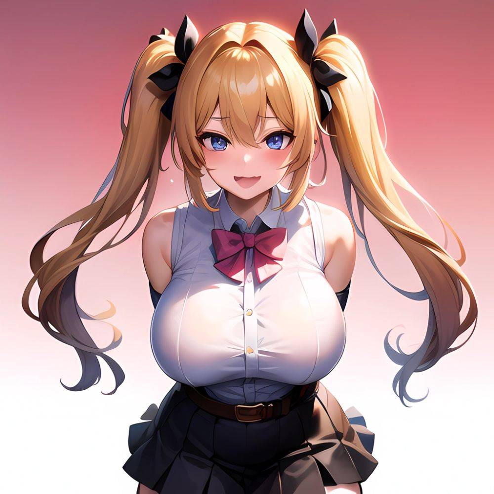 1girl Aymusk Belt Black Skirt Blonde Hair Blue Eyes Blush Bow Bowtie Breasts Curvy Elbow Gloves Fang Gloves Gradient Background, 863346921 - AIHentai - #main