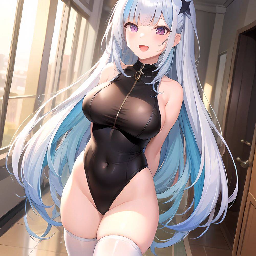 1girl Absurdres Bare Shoulders Batta 16 Sei Between Breasts Blue Hair Blunt Bangs Breasts Covered Navel Gem Gradient Hair Hair, 4282432399 - AIHentai - #main