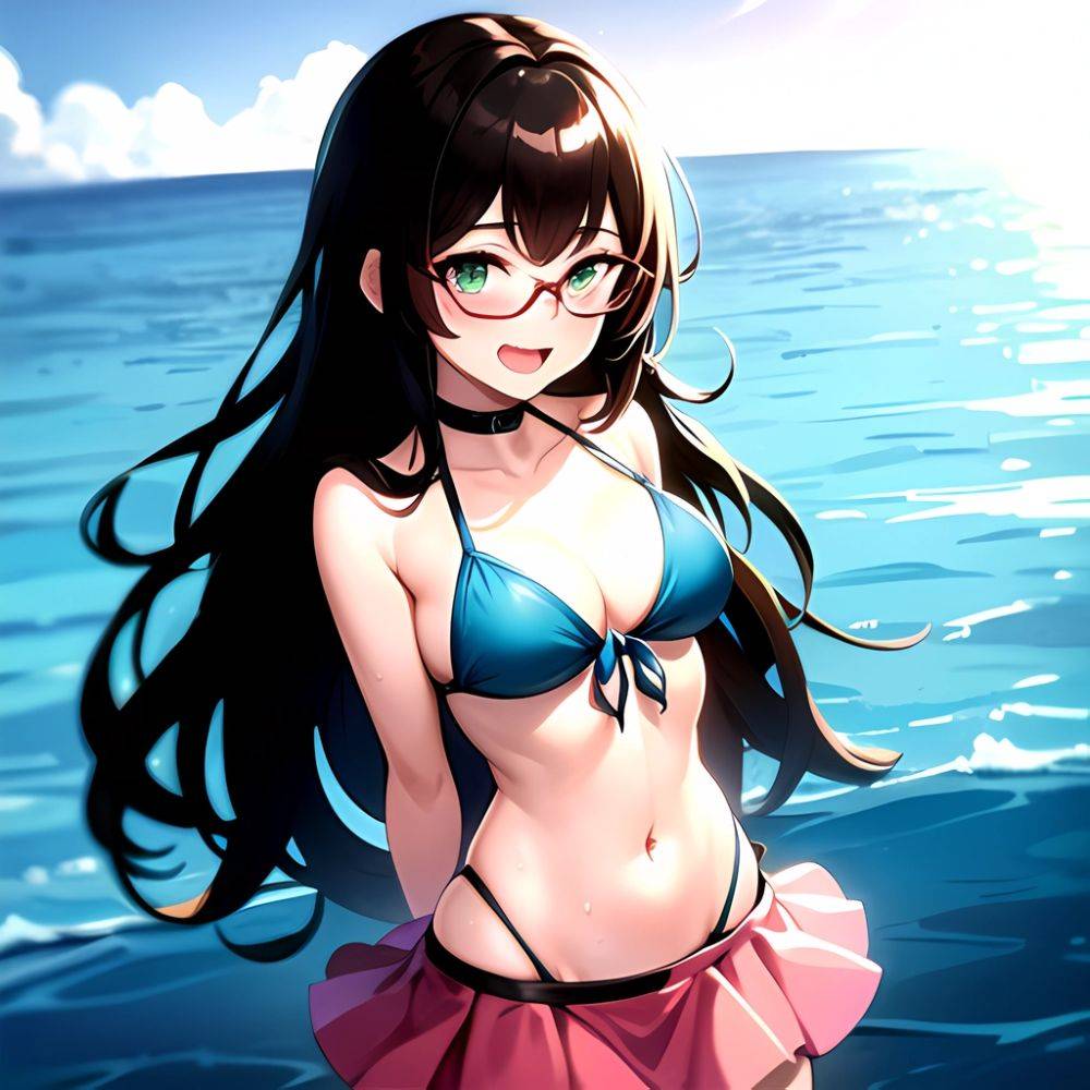 1girl D Bikini Bikini Bottom Aside Bikini Skirt Black Choker Blush Breasts Brown Hair Choker Cleavage Clothing Aside Front Tie, 2864501987 - AIHentai - #main