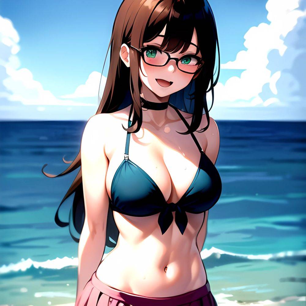 1girl D Bikini Bikini Bottom Aside Bikini Skirt Black Choker Blush Breasts Brown Hair Choker Cleavage Clothing Aside Front Tie, 3139735767 - AIHentai - #main