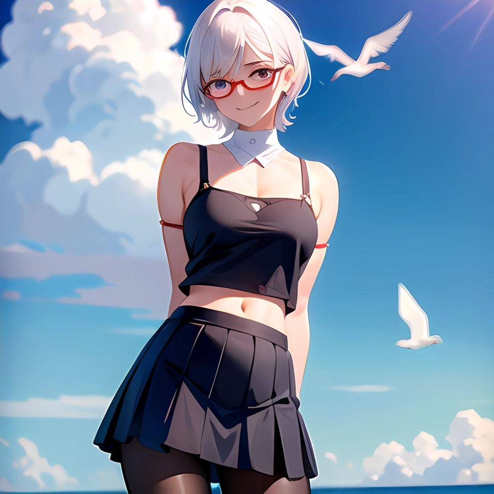 1girl Aircraft Bird Breasts Cloud Cloudy Sky Cowboy Shot Curtsey Dark Skinned Female Dark Skin Day Flashing Glasses Looking At, 3825543126 - AIHentai - #main