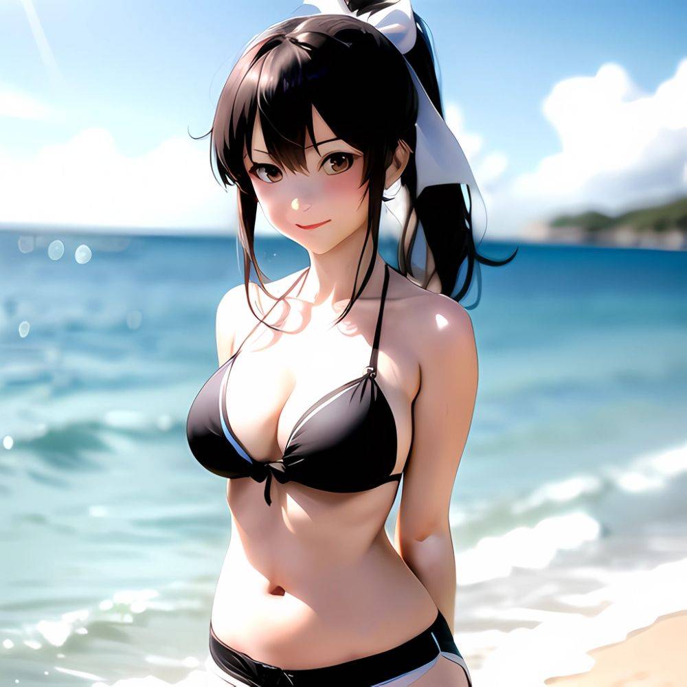 1girl Arms Behind Back Beach Bikini Bikini Under Shorts Black Bikini Black Hair Blurry Blurry Background Breasts Cleavage Closed, 2824263192 - AIHentai - #main
