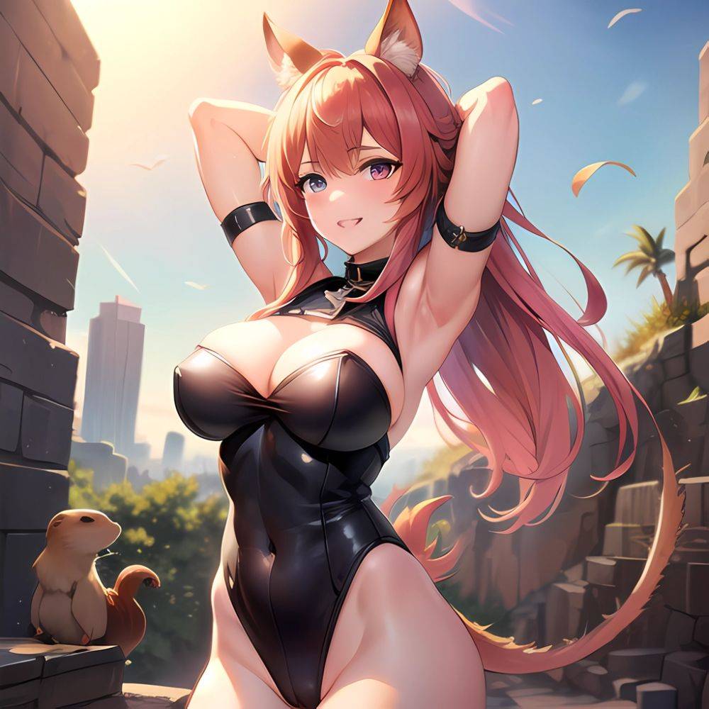 1girl Absurdres Animal Ear Fluff Animal Ears Arknights Arms Behind Head Chest Armor Covered Navel Gravel Arknights Highleg Highl, 4288995577 - AIHentai - #main