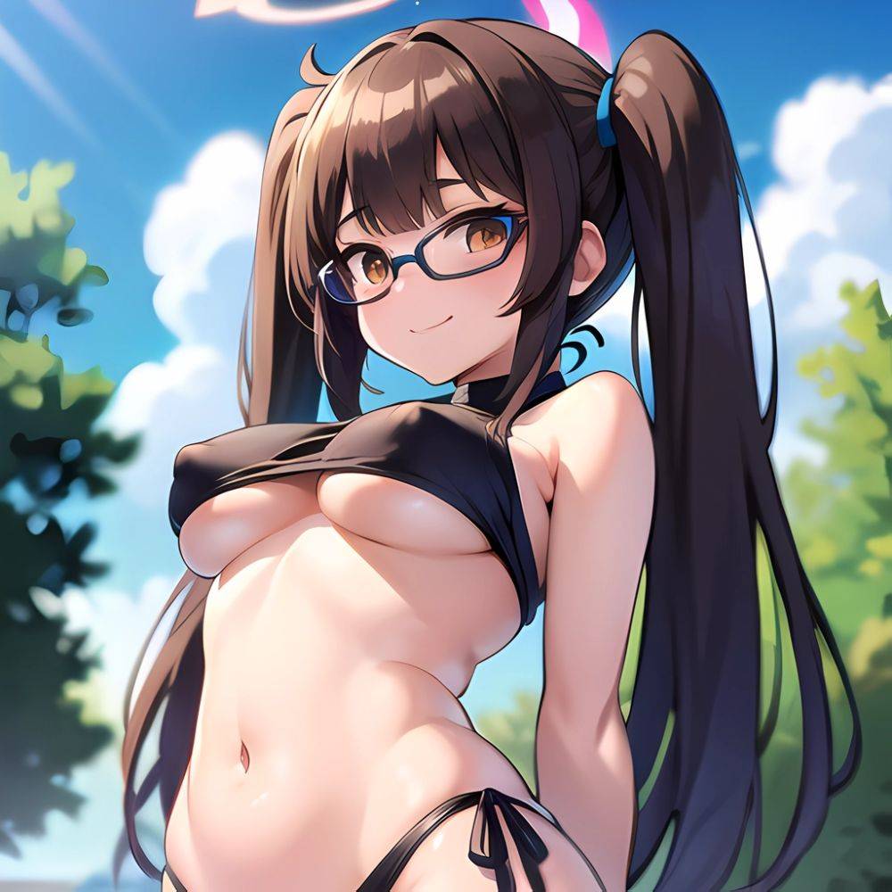 1girl Bikini Black Bikini Blue Archive Blue Sky Breasts Brown Eyes Brown Hair Closed Mouth Clothes Lift Cloud Covered Nipples, 1280796896 - AIHentai - #main