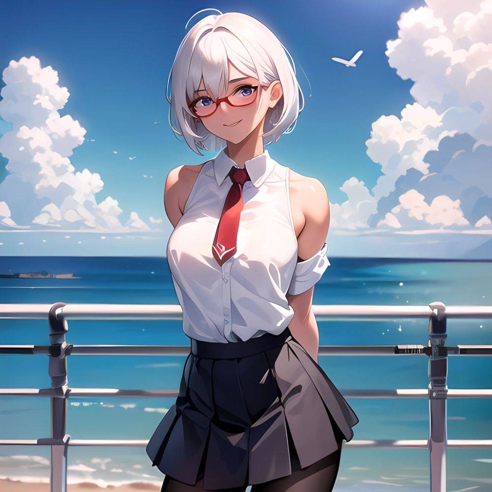 1girl Aircraft Bird Breasts Cloud Cloudy Sky Cowboy Shot Curtsey Dark Skinned Female Dark Skin Day Flashing Glasses Looking At, 2762293504 - AIHentai - #main