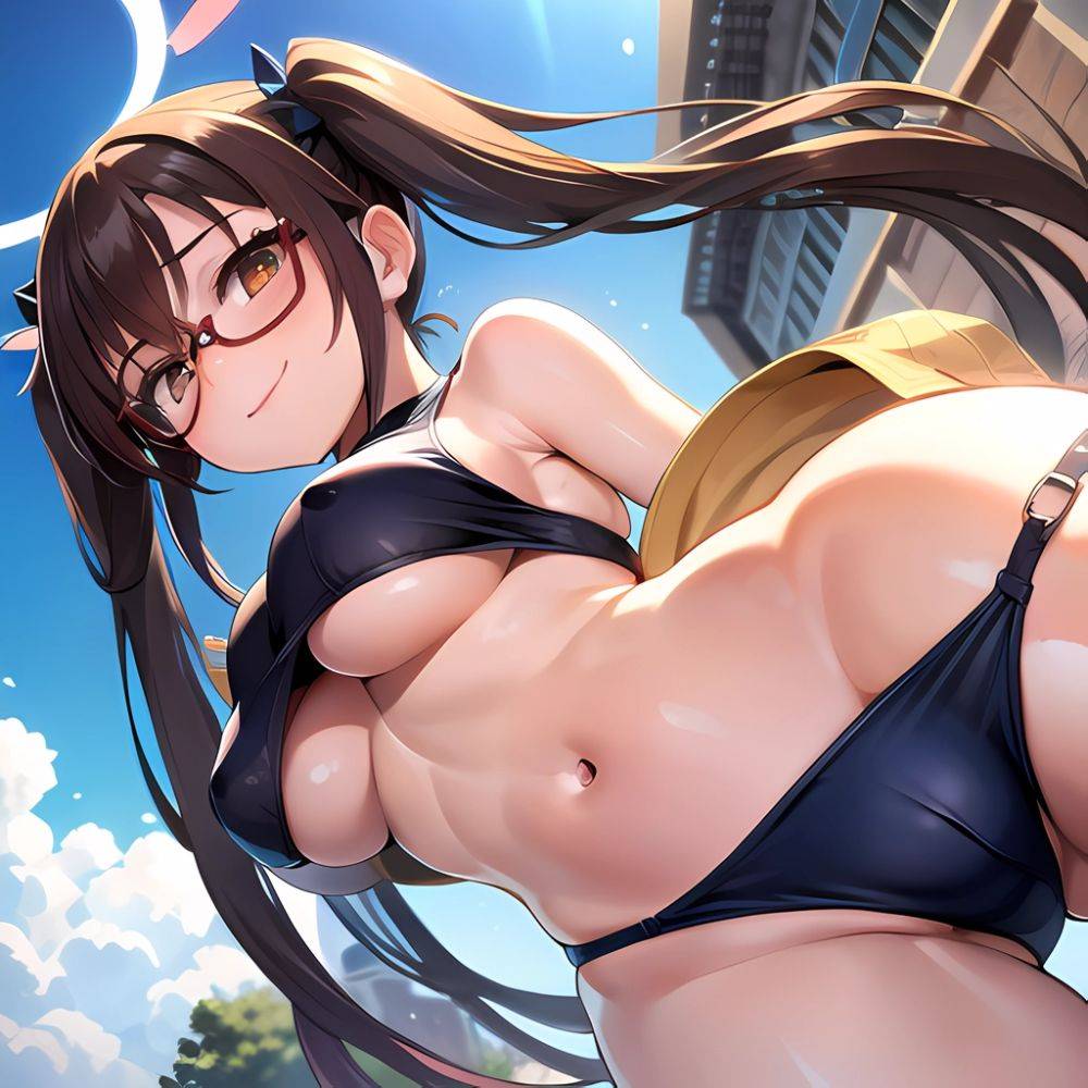 1girl Bikini Black Bikini Blue Archive Blue Sky Breasts Brown Eyes Brown Hair Closed Mouth Clothes Lift Cloud Covered Nipples, 539389636 - AIHentai - #main