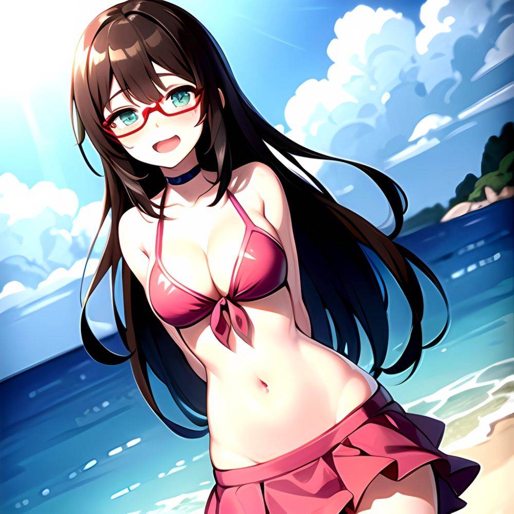 1girl D Bikini Bikini Bottom Aside Bikini Skirt Black Choker Blush Breasts Brown Hair Choker Cleavage Clothing Aside Front Tie, 2755375740 - AIHentai - #main