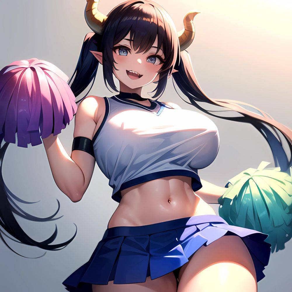 1girl Absurdres Blue Skirt Bluefrok Breasts Cheerleader Dragon Girl Dragon Horns Highres Holding Holding Pom Poms Horns Huge Bre, 2817924212 - AIHentai - #main