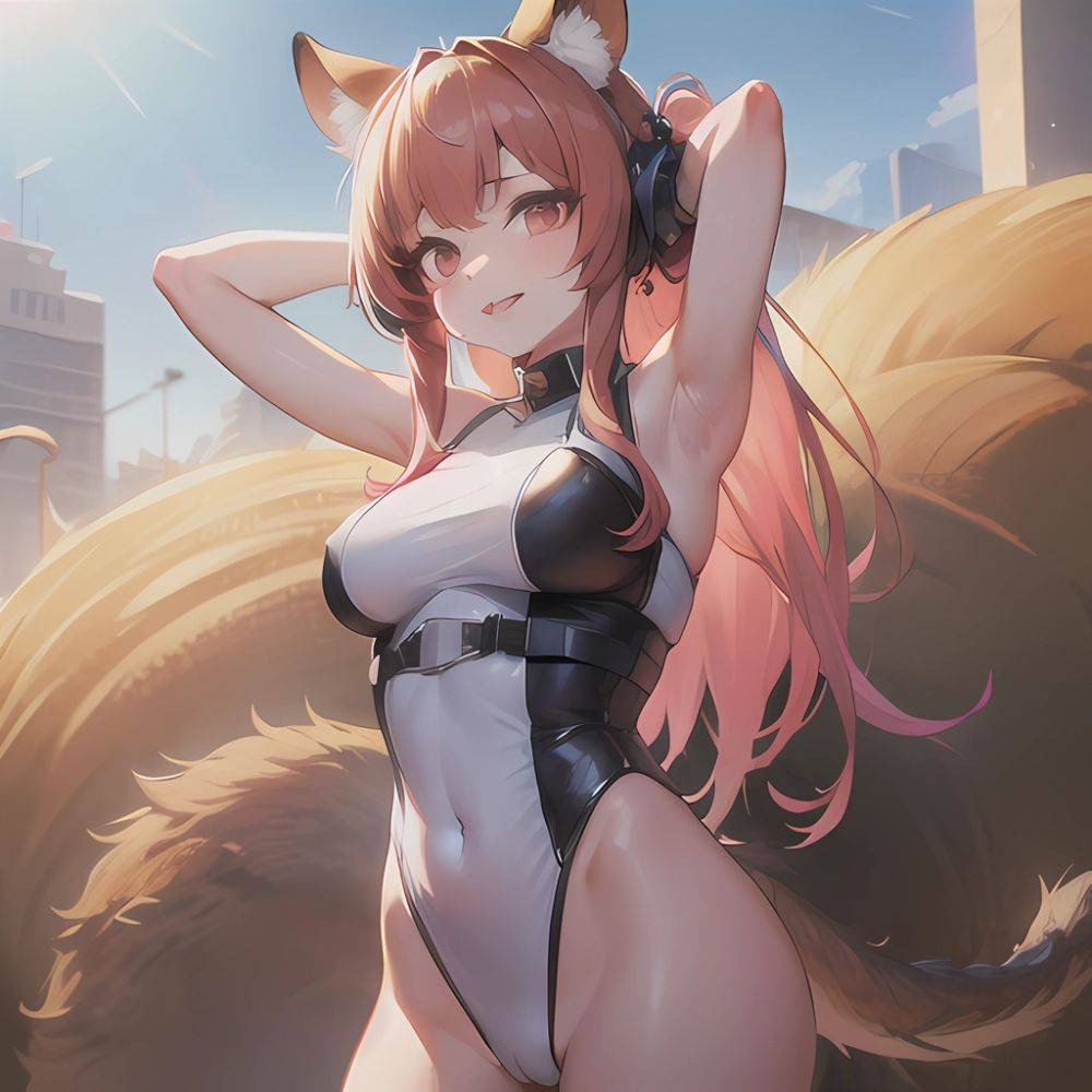 1girl Absurdres Animal Ear Fluff Animal Ears Arknights Arms Behind Head Chest Armor Covered Navel Gravel Arknights Highleg Highl, 3119993915 - AIHentai - #main