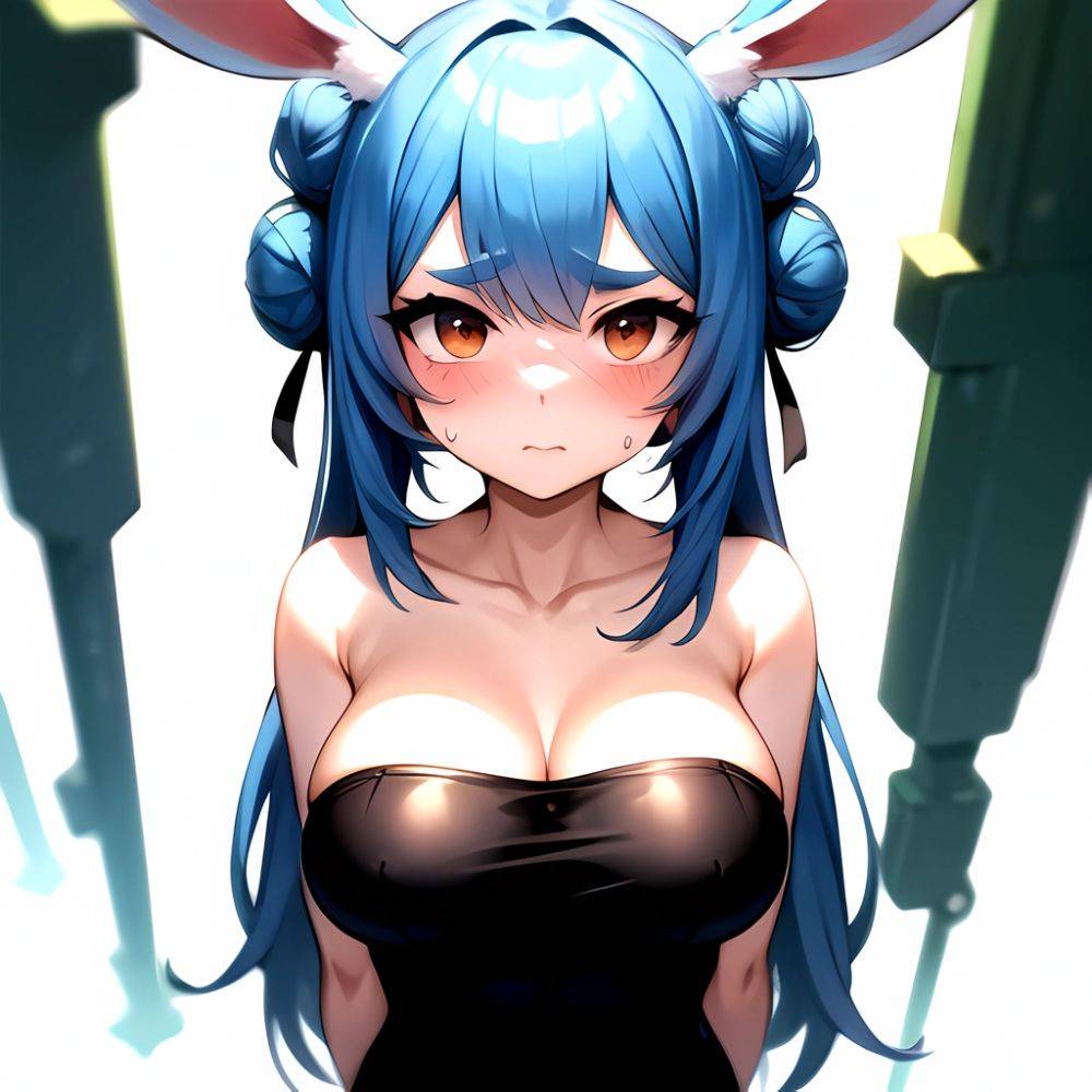 1girl Alternate Breast Size Animal Ear Fluff Animal Ears Blue Hair Blush Breasts Double Bun Embarrassed Hair Bun Haro Art, 1259606609 - AIHentai - #main