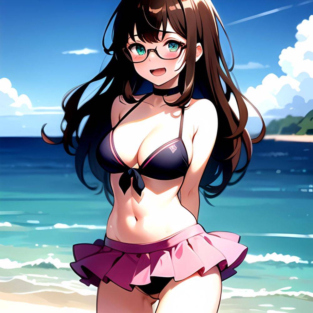 1girl D Bikini Bikini Bottom Aside Bikini Skirt Black Choker Blush Breasts Brown Hair Choker Cleavage Clothing Aside Front Tie, 3374531753 - AIHentai - #main