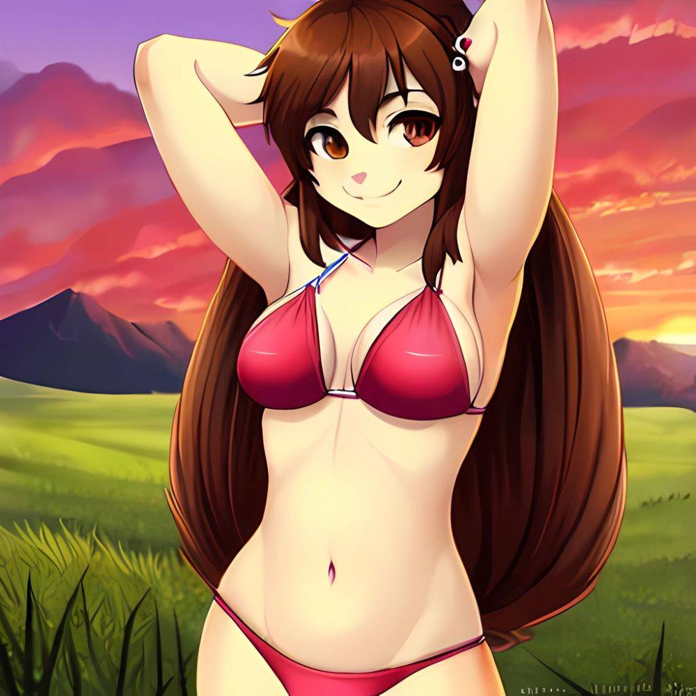 1girl Armpits Arms Behind Head Bikini Brown Eyes Brown Hair Cowboy Shot Dot Nose Flat Chest From Side Hair Ornament, 38142662 - AIHentai - #main