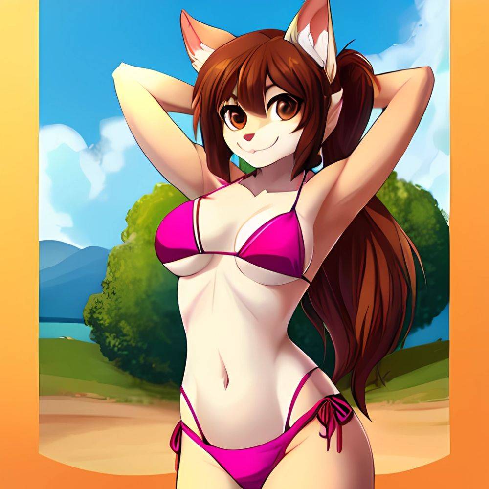 1girl Armpits Arms Behind Head Bikini Brown Eyes Brown Hair Cowboy Shot Dot Nose Flat Chest From Side Hair Ornament, 4073683388 - AIHentai - #main