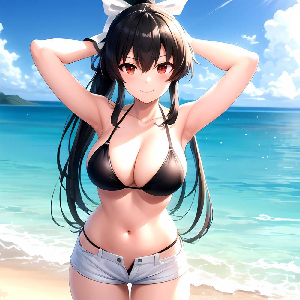 1girl Arms Behind Head Armpits Beach Bikini Bikini Under Shorts Black Bikini Black Hair Blurry Blurry Background Breasts Cleavag, 3155274047 - AIHentai - #main