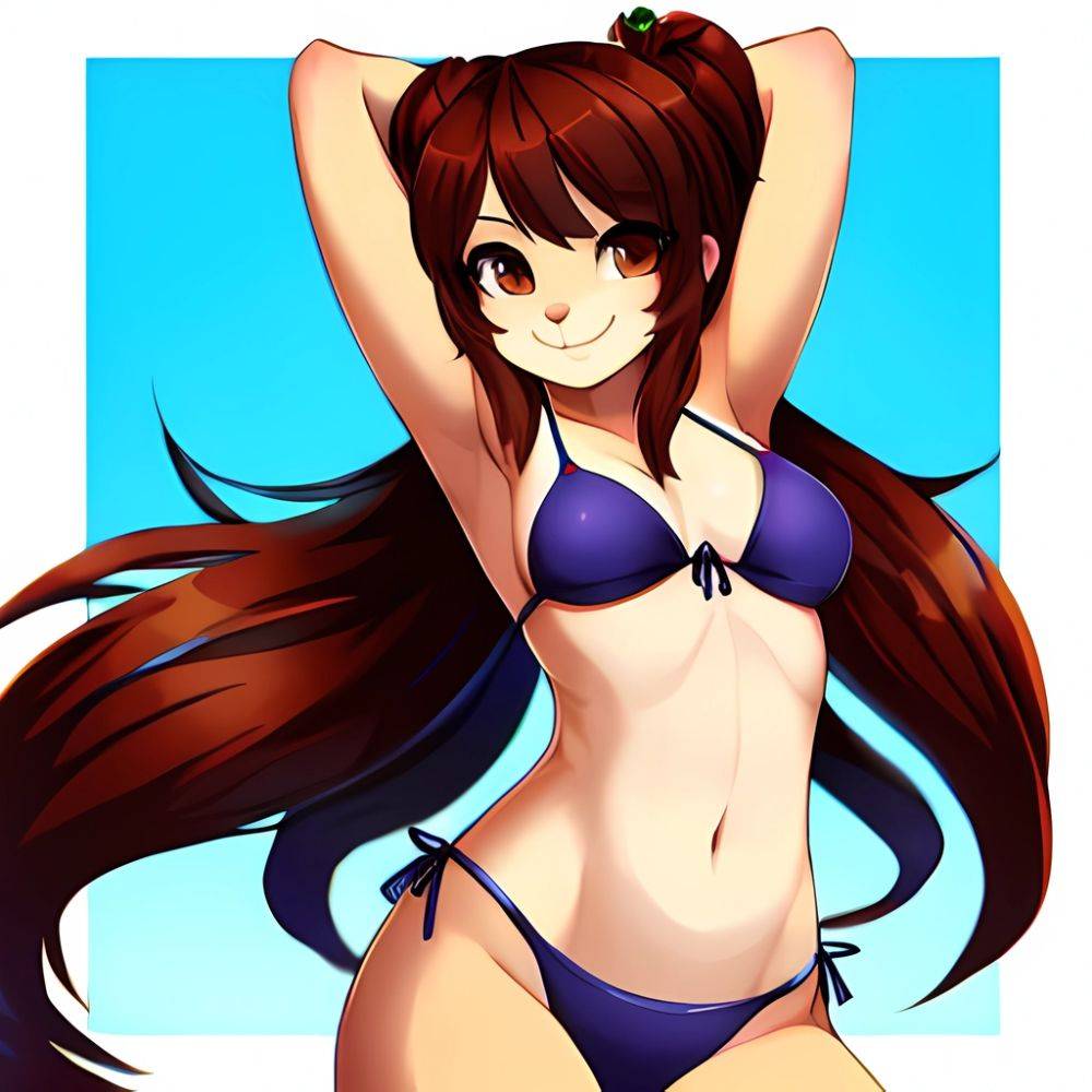 1girl Adjusting Hair Armpits Arms Behind Head Bikini Brown Eyes Brown Hair Cowboy Shot Dot Nose Flat Chest From Side, 1705265097 - AIHentai - #main