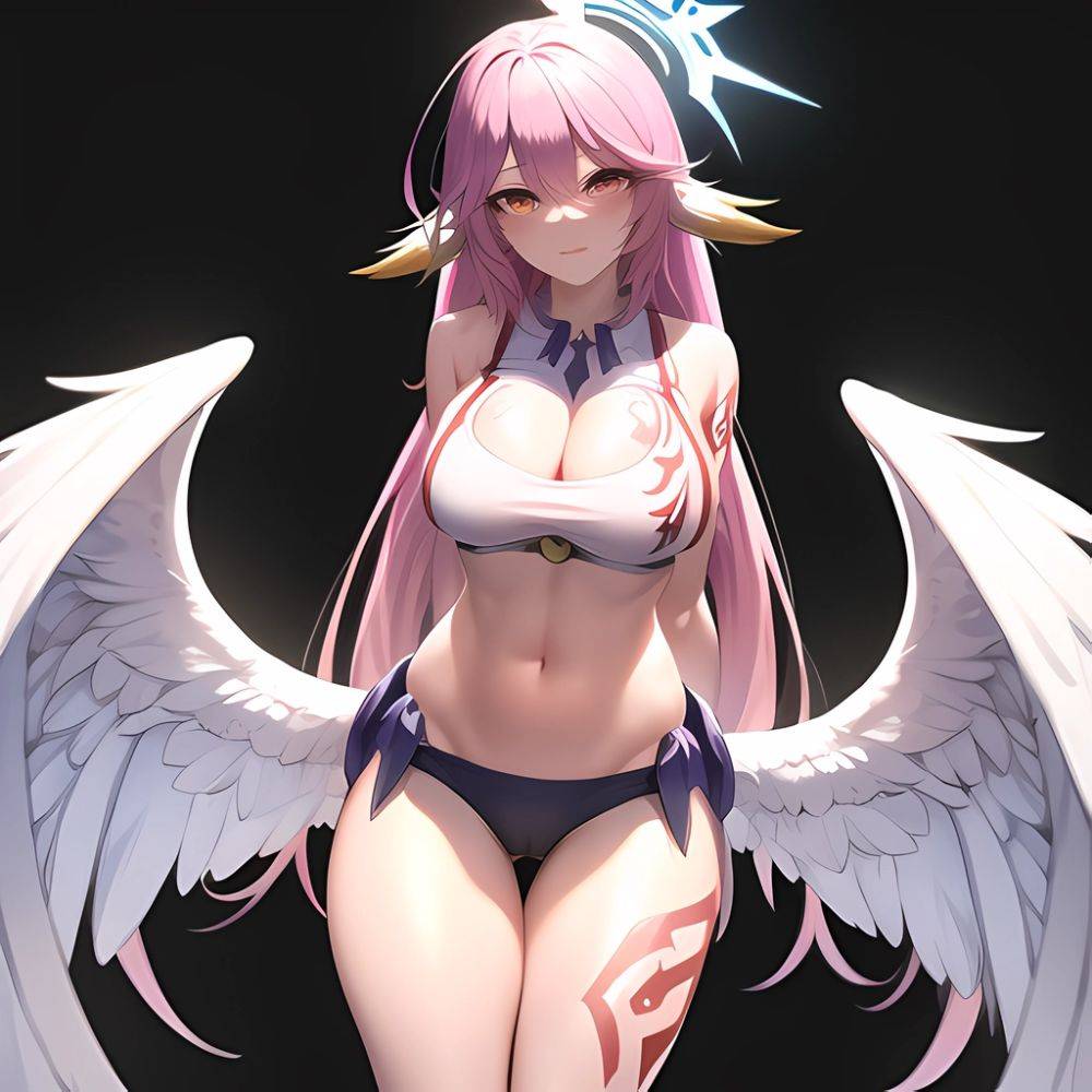 Jibril Anime Absurdres Long Hair Pink Hair Halo Large Breasts Tattoo Cleavage Sideboob Midriff Asymmetrical Legwear Mismatched L, 3944812498 - AIHentai - #main