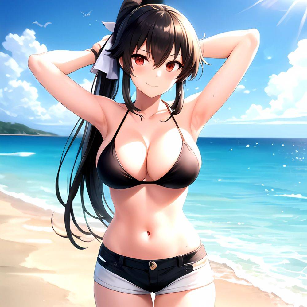 1girl Arm Behind Head Armpits Beach Bikini Bikini Under Shorts Black Bikini Black Hair Blurry Blurry Background Breasts Cleavage, 3925263024 - AIHentai - #main