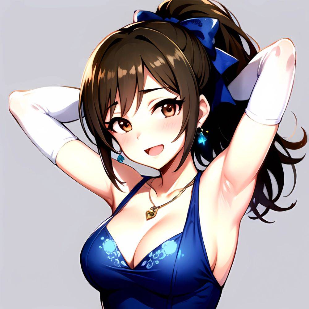 1girl Absurdres Armpits Arms Up Ayase Honoka Black Gloves Blue Bow Blue Dress Blush Bow Breasts Brown Eyes Brown Hair, 1329387266 - AIHentai - #main