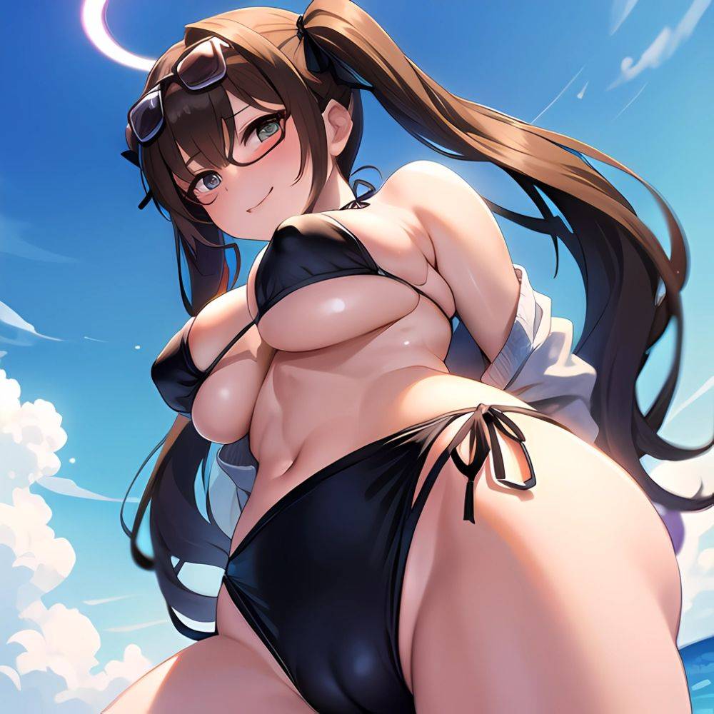 1girl Bikini Black Bikini Blue Archive Blue Sky Breasts Brown Eyes Brown Hair Closed Mouth Clothes Lift Cloud Covered Nipples, 1102017884 - AIHentai - #main