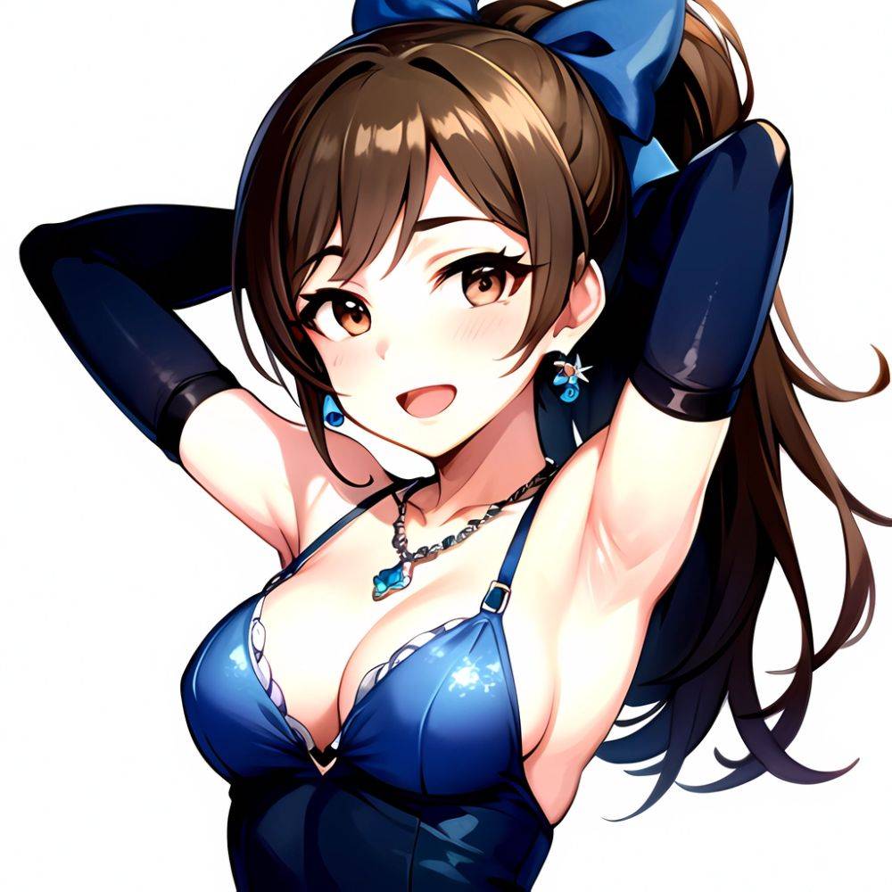 1girl Absurdres Armpits Arms Up Ayase Honoka Black Gloves Blue Bow Blue Dress Blush Bow Breasts Brown Eyes Brown Hair, 2242638443 - AIHentai - #main