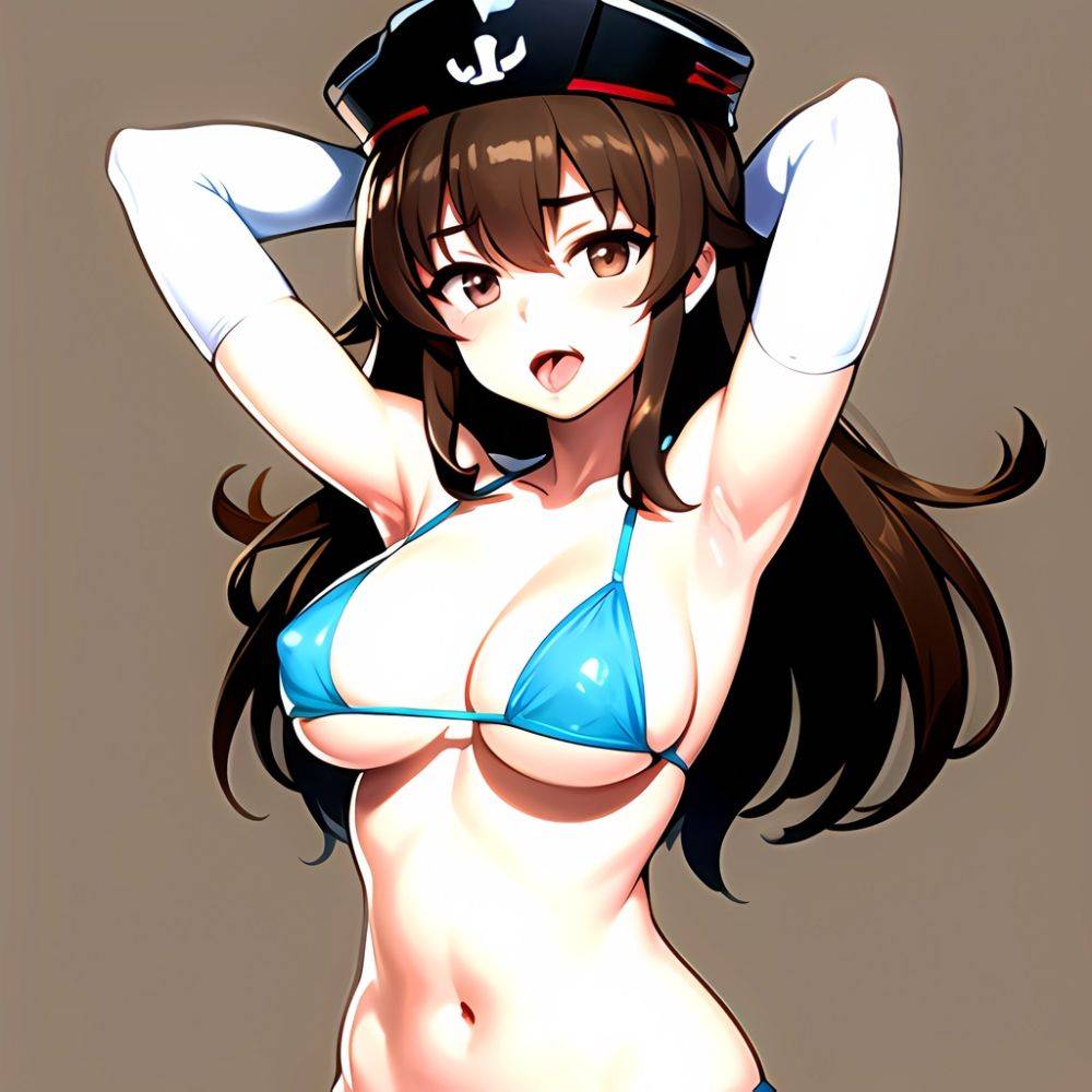 1girl Armpits Arms Behind Head Bikini Blush Breasts Brown Eyes Brown Hair Covered Erect Nipples Elbow Gloves Girls Und Panzer, 3469283771 - AIHentai - #main