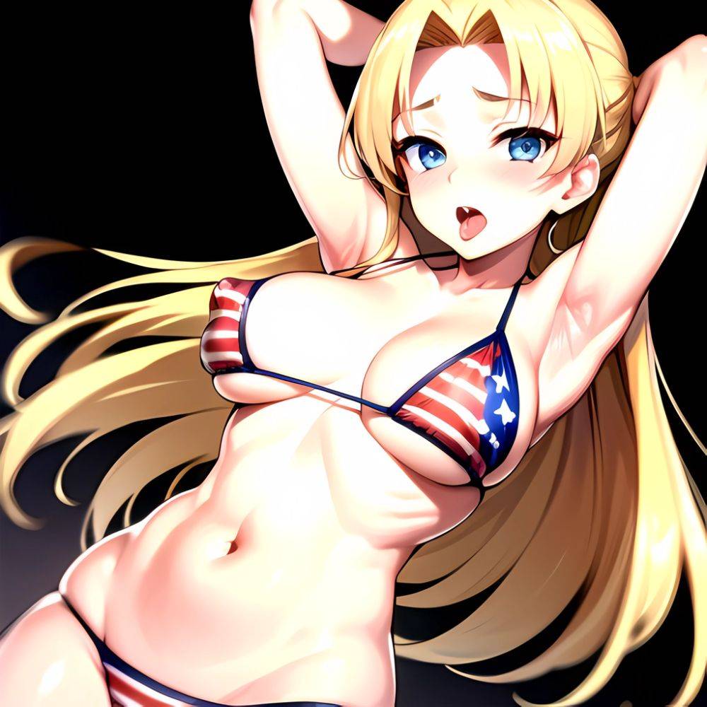 1girl American Flag Bikini Armpits Arms Behind Head Bikini Blonde Hair Blue Eyes Blush Breasts Covered Erect Nipples Flag Print, 3448888268 - AIHentai - #main