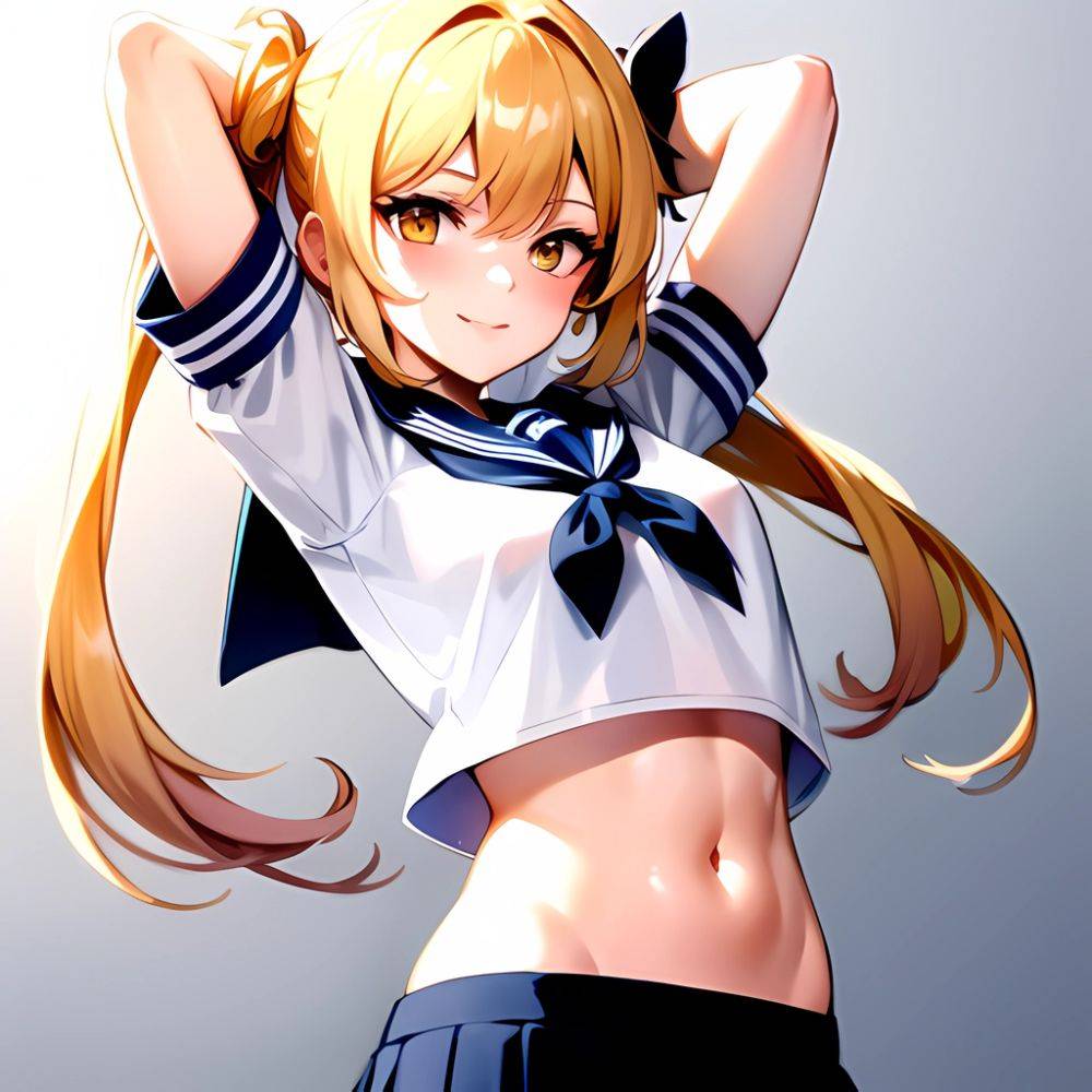 1girl Arms Up Arms Behind Head Blonde Hair Blue Skirt Bow Crop Top Crop Top Overhang Genshin Impact Gradient Background, 2223782092 - AIHentai - #main