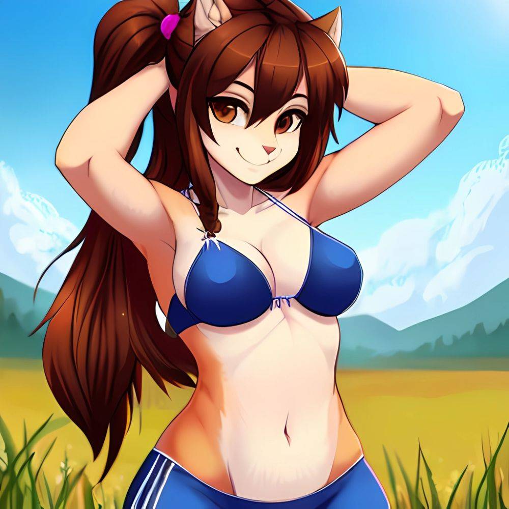 1girl Armpits Arms Behind Head Bikini Brown Eyes Brown Hair Cowboy Shot Dot Nose Flat Chest From Side Hair Ornament, 3140113056 - AIHentai - #main
