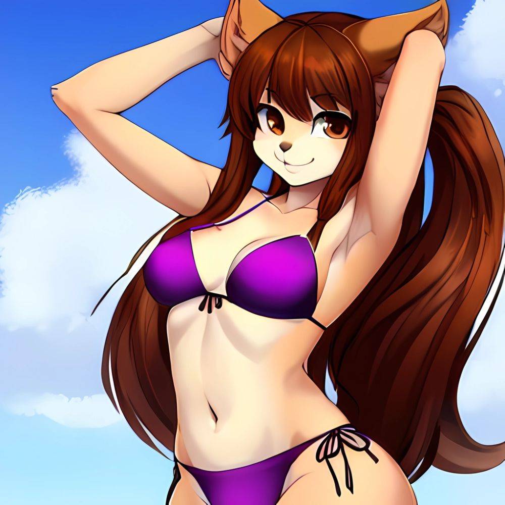 1girl Armpits Arms Behind Head Bikini Brown Eyes Brown Hair Cowboy Shot Dot Nose Flat Chest From Side Hair Ornament, 2587052440 - AIHentai - #main