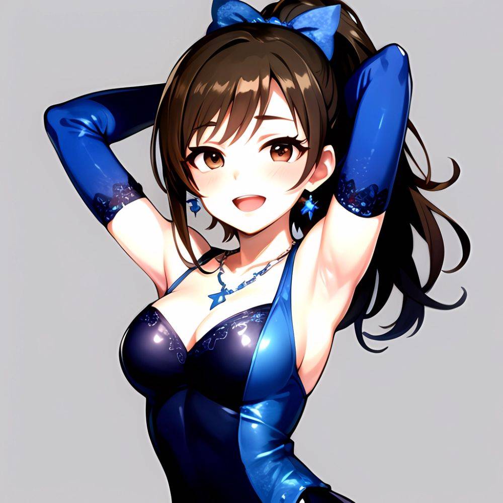 1girl Absurdres Armpits Arms Up Ayase Honoka Black Gloves Blue Bow Blue Dress Blush Bow Breasts Brown Eyes Brown Hair, 1874239029 - AIHentai - #main