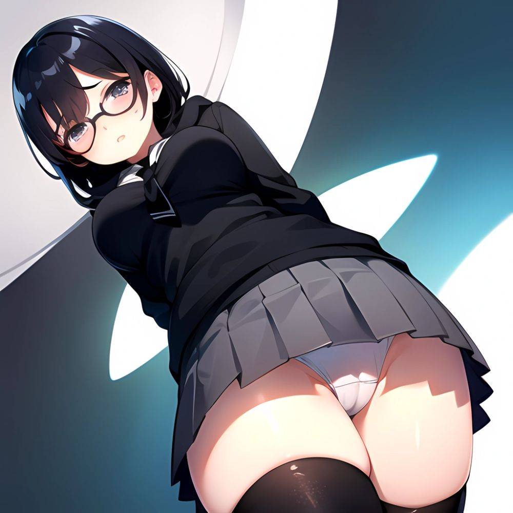 1girl Black Hair Black Necktie Black Thighhighs Breasts Cameltoe From Below Glasses Grey Eyes Grey Hoodie Highres Hood Hoodie Me, 3363530056 - AIHentai - #main