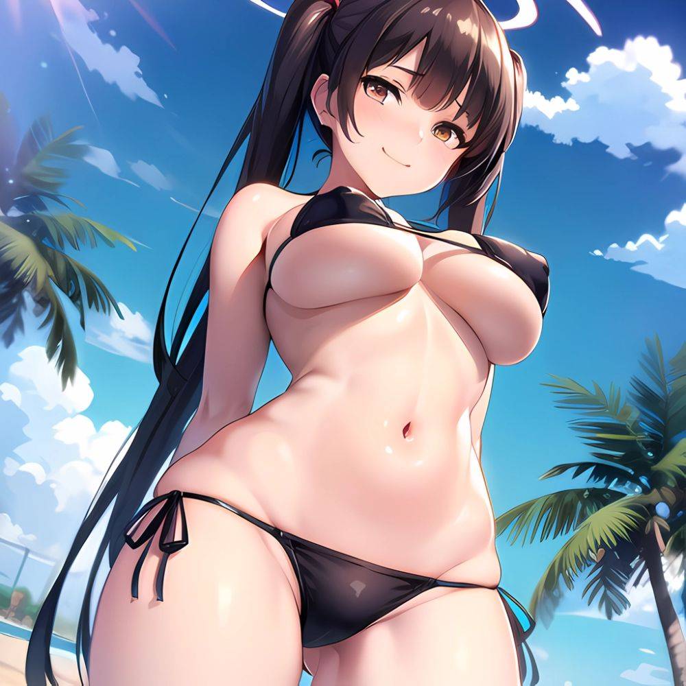 1girl Bikini Black Bikini Blue Archive Blue Sky Breasts Brown Eyes Brown Hair Closed Mouth Clothes Lift Cloud Covered Nipples, 1112897717 - AIHentai - #main