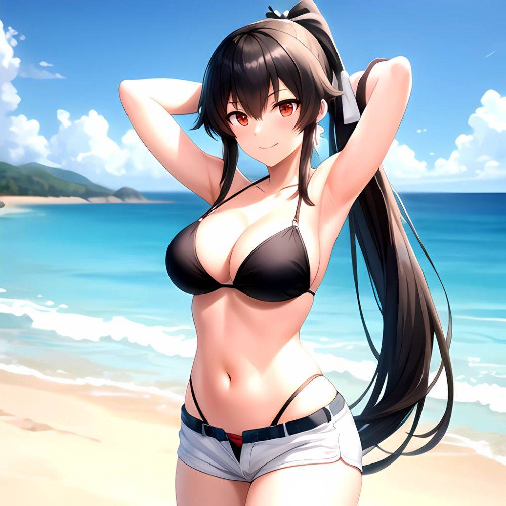 1girl Arms Behind Head Armpits Beach Bikini Bikini Under Shorts Black Bikini Black Hair Blurry Blurry Background Breasts Cleavag, 26334941 - AIHentai - #main