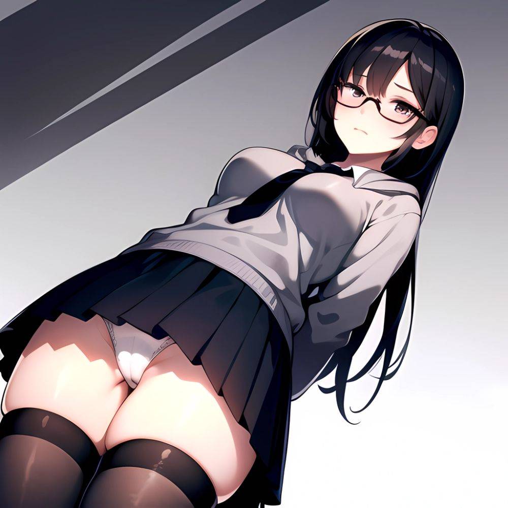 1girl Black Hair Black Necktie Black Thighhighs Breasts Cameltoe From Below Glasses Grey Eyes Grey Hoodie Highres Hood Hoodie Me, 2869097804 - AIHentai - #main