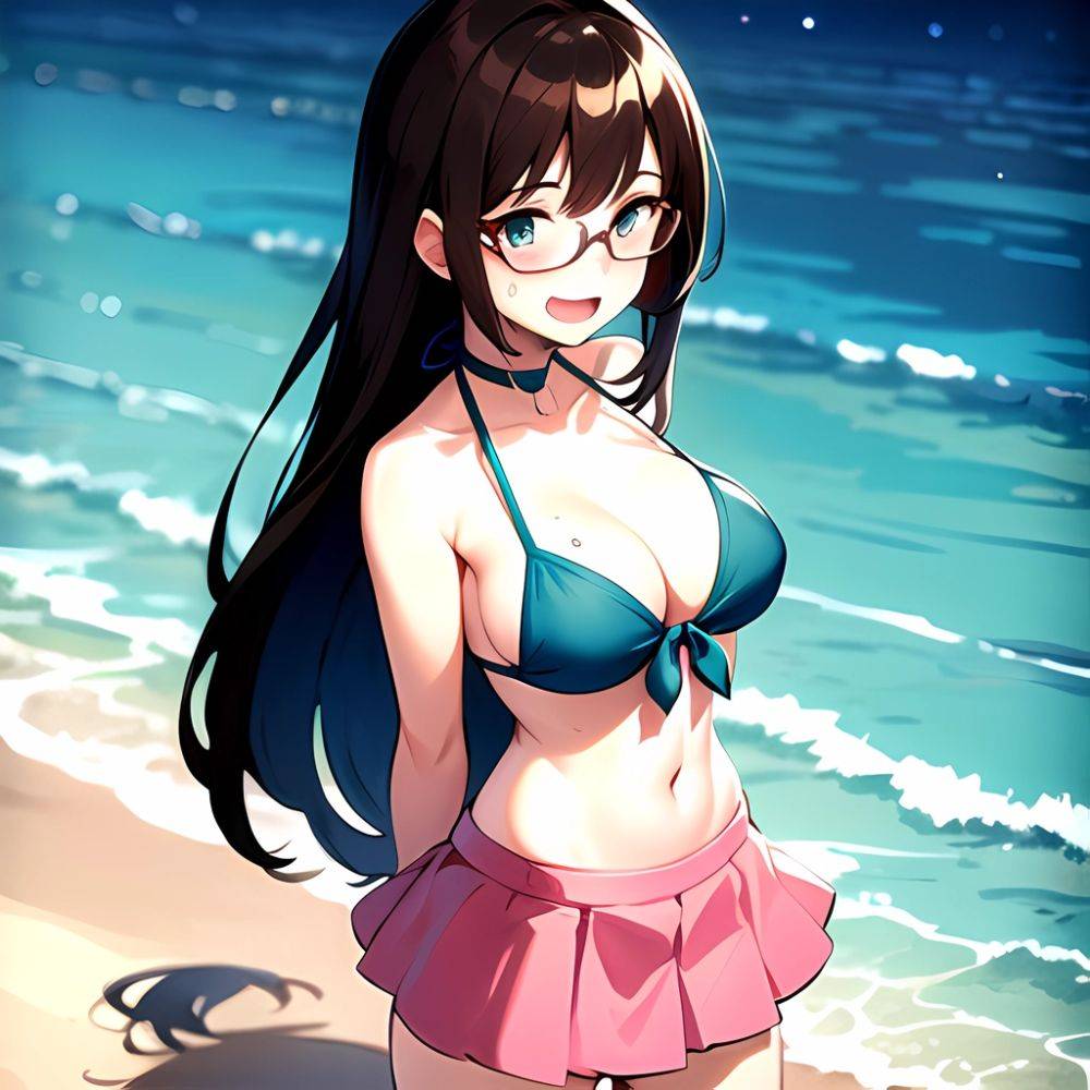 1girl D Bikini Bikini Bottom Aside Bikini Skirt Black Choker Blush Breasts Brown Hair Choker Cleavage Clothing Aside Front Tie, 4290854225 - AIHentai - #main