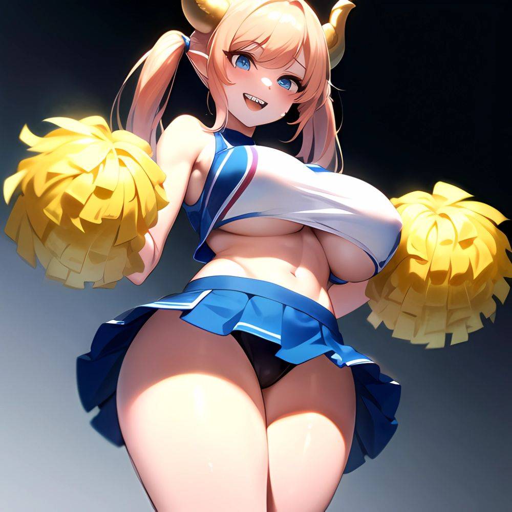 1girl Absurdres Blue Skirt Bluefrok Breasts Cheerleader Dragon Girl Dragon Horns Highres Holding Holding Pom Poms Horns Huge Bre, 2537264112 - AIHentai - #main