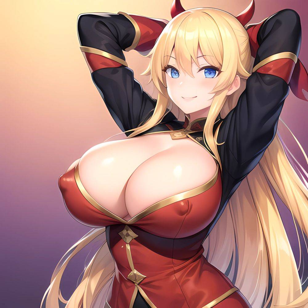 1girl Blonde Hair Breasts Cleavage Grenadier Manga Haganef Huge Breasts Long Hair Nipples Pussy Smile Tendou Rushuna Arms Behind, 2694335110 - AIHentai - #main