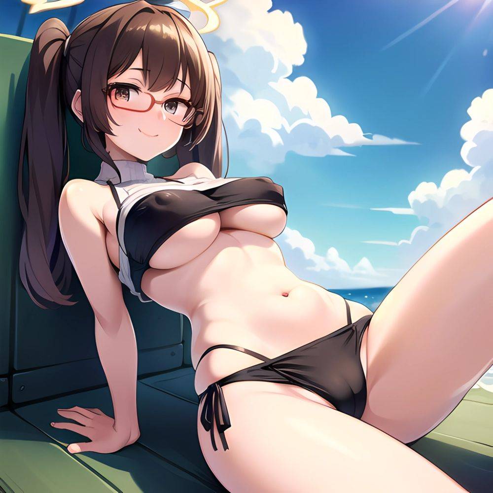 1girl Bikini Black Bikini Blue Archive Blue Sky Breasts Brown Eyes Brown Hair Closed Mouth Clothes Lift Cloud Covered Nipples, 901033534 - AIHentai - #main